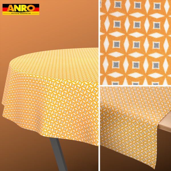 Runde und rechteckige Tischdecke mit geometrischem Muster, Detailansicht des Stoffes und ANRO Logo.