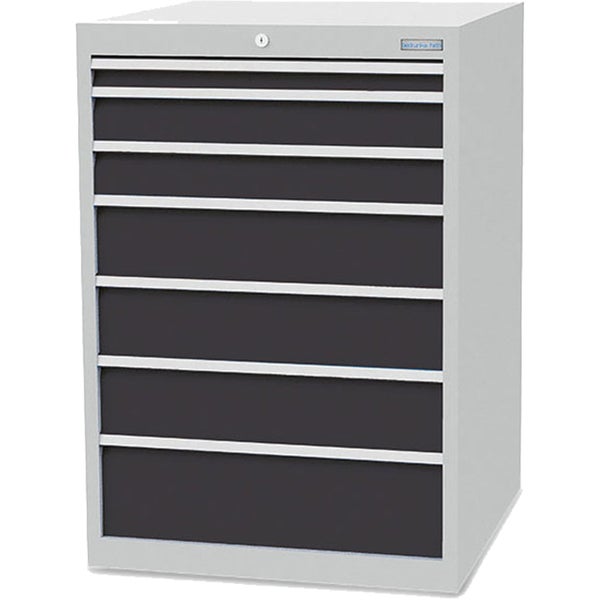 Bedrunka+Hirth Schubladenschrank aus Metall mit sieben Schubladen in Lichtgrau und Anthrazit, abschließbar.