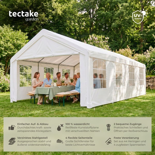 Großes weißes wasserdichtes Partyzelt im Garten mit Menschen am Tisch, verzinktes Stahlgestell, Fenster, Ultraviolett-Schutz, tectake garden Logo.