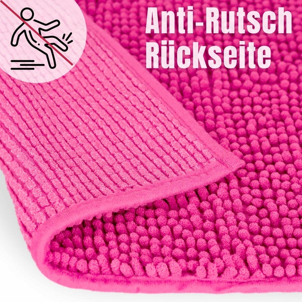 Badematte mit rutschhemmender Rückseite und Symbol für Rutschhemmung.