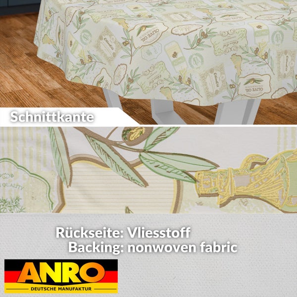 Tischdecke mit Olivenöl-Motiv, Detailansicht der Schnittkante und der Rückseite aus Vliesstoff. ANRO Logo.