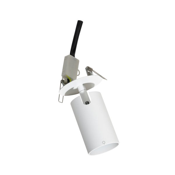 Weißer zylindrischer Einbaustrahler mit schwenkbarem Kopf, Montagefedern und Anschlussgehäuse.