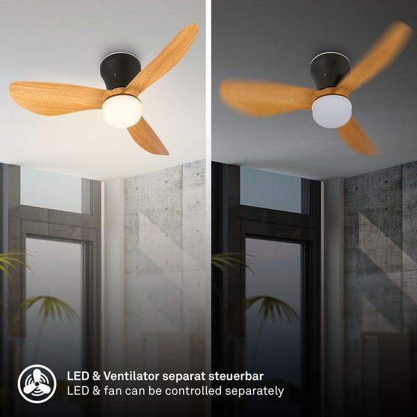 Deckenventilator mit drei Flügeln in Holzoptik und integrierter LED-Leuchte, Ventilator und Licht sind separat steuerbar.