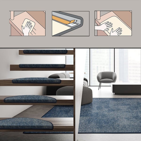 FLOORDIREKT Stufenmatte York - Widerstandsfähig & Pflegeleicht - Blau - Halbrund - 23.5 x 65 cm