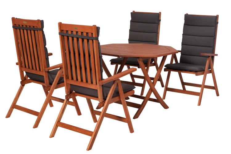 Gartensitzgruppe mit Holztisch und vier Stühlen mit Polsterauflagen
