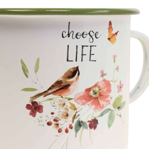 Tasse mit Vogel-, Blumen- und Schmetterlingsmotiv sowie dem Schriftzug 'Choose Life'