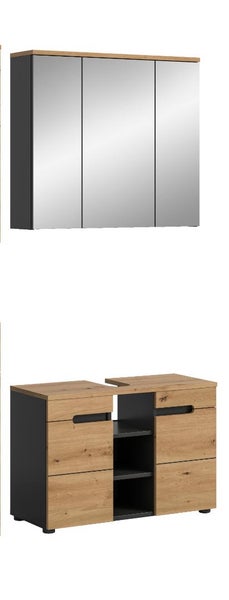 Badezimmermöbel-Set bestehend aus dreitürigem Spiegelschrank und Waschbeckenunterschrank in Holzoptik mit dunklen Seitenwänden.