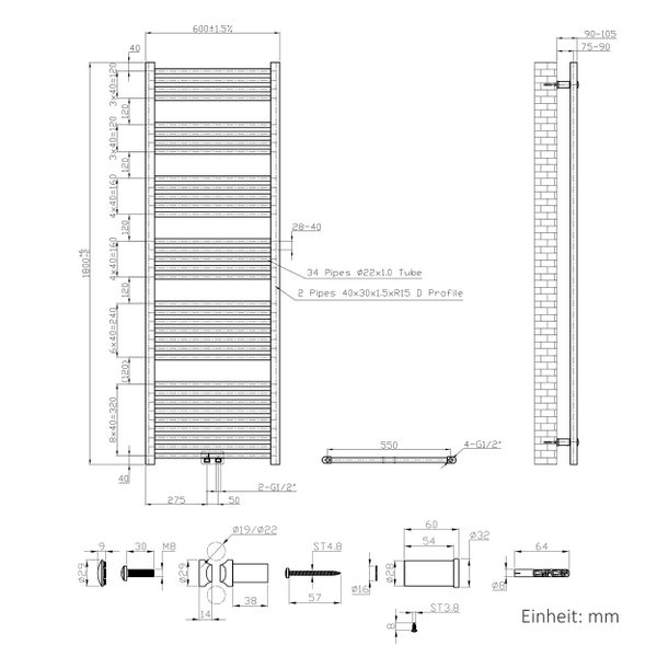Technische Zeichnung eines Badheizkörpers mit Maßen in Millimeter, 1800 x 600 Millimeter, inklusive Montagedetails.