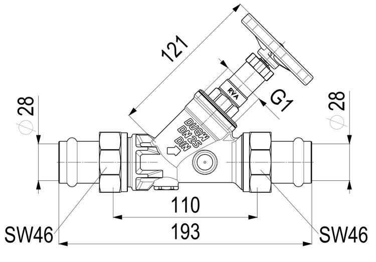 Technische Zeichnung eines Schrägsitzventils mit Pressanschlüssen 28 mm, DN 25 und Handrad. Gesamtlänge 193 mm.