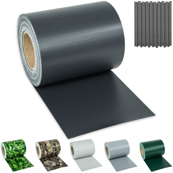 Sichtschutzstreifen auf Rolle aus Kunststoff für Stabmattenzäune in Anthrazit mit geriffelter Struktur.