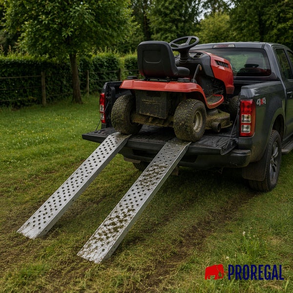Zwei metallene Auffahrrampen zum Beladen eines Rasentraktors auf die Ladefläche eines Pickups im Freien. Proregal Logo.