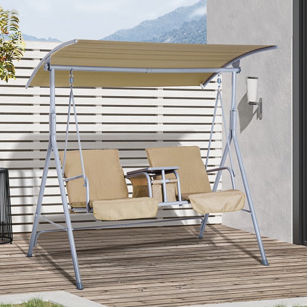 Outsunny Hollywoodschaukel, 2-Sitzer, mit Sonnendach, 175 x 112 x 165 cm, Metall, Polyester, Oxford, Beige