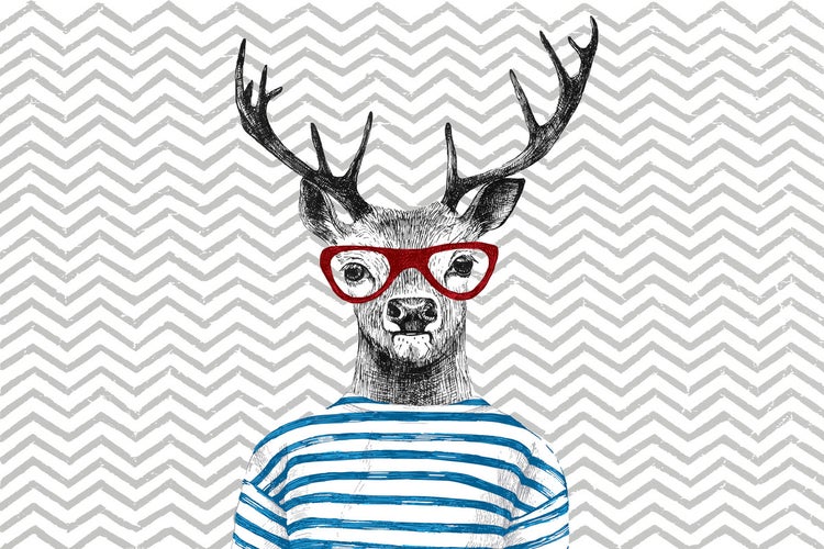 Illustration eines Hirsches mit Brille und gestreiftem Hemd vor Zickzackmuster