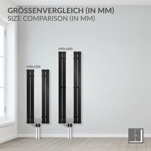 LuxeBath Badheizkörper mit Spiegel Mittelanschluss 1200x450 mm Schwarz Bodenanschlussgarnitur Durchgangsform Multiblock Thermostat Chrom, Paneelheizkörper Vertikal Spiegelheizkörper Glasheizkörper