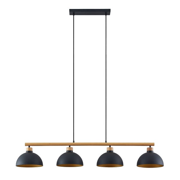 Hängelampe mit vier Leuchten und Holzdetails