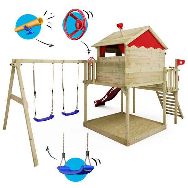 WICKEY Spielturm Klettergerüst Smart Coast mit Schaukel und Rutsche, Stelzenhaus mit Sandkasten, Kletterleiter und Spiel-Zubehör - rot