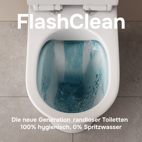 Wand-WC mit spülrandloser FlashClean Technik für hygienische Reinigung und spritzfreies Spülen.
