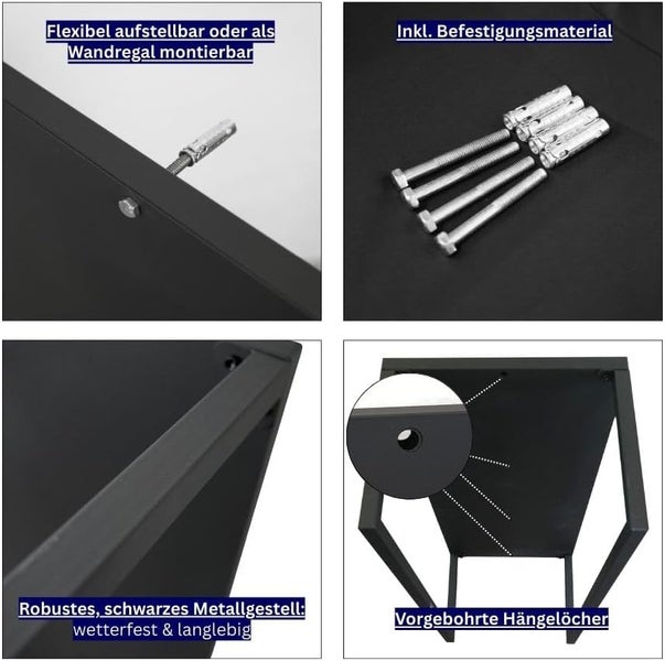 Detailansichten eines schwarzen Metallregals mit Befestigungsmaterial und vorgebohrten Löchern zur Wandmontage