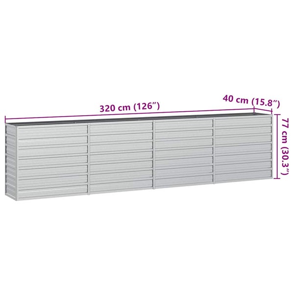 Rechteckiges Hochbeet aus Metall mit den Maßen 320 Zentimeter Länge, 40 Zentimeter Breite und 77 Zentimeter Höhe.