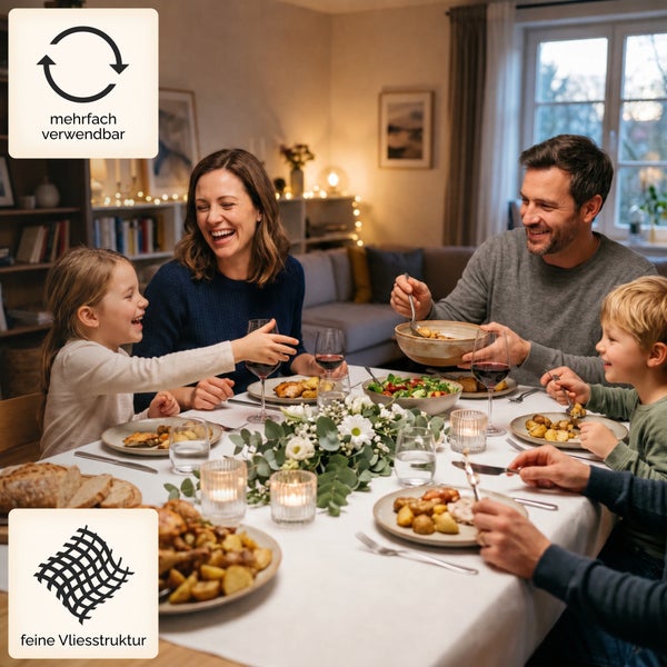 Heller Essbereich mit Familie am Tisch, ausgestattet mit einer mehrfach verwendbaren Tischdecke mit feiner Vliesstruktur.