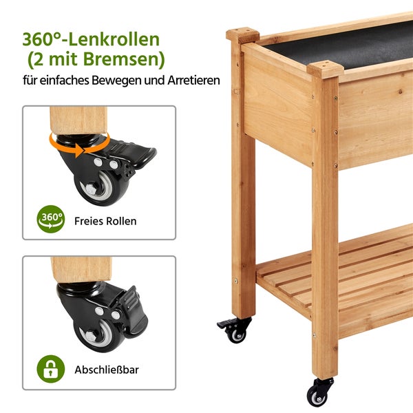 Pflanztisch aus Holz mit 360-Grad-Lenkrollen und Bremsen für einfache Bewegung und Arretierung