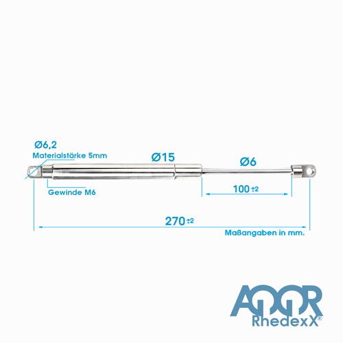 Gasdruckfeder aus Metall, Gesamtlänge zweihundertsiebzig Millimeter, Hub einhundert Millimeter, AQOR Rhedexx Logo.