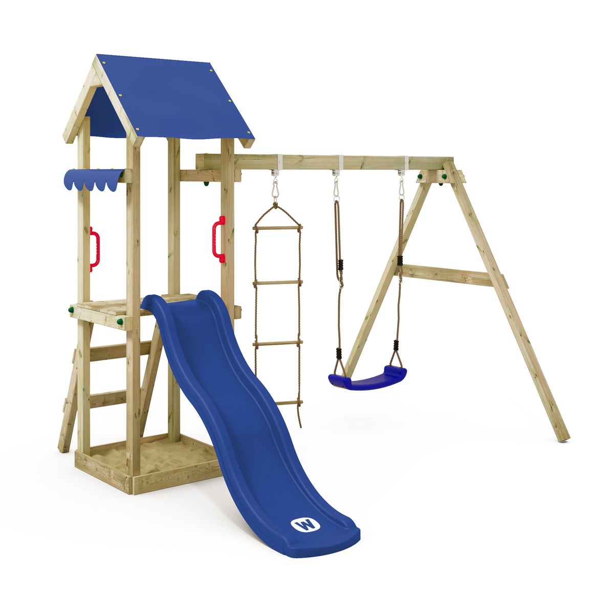 WICKEY Spielturm Klettergerüst TinyCabin mit Schaukel und Rutsche, Kletterturm mit Sandkasten, Leiter und Spiel-Zubehör - blau