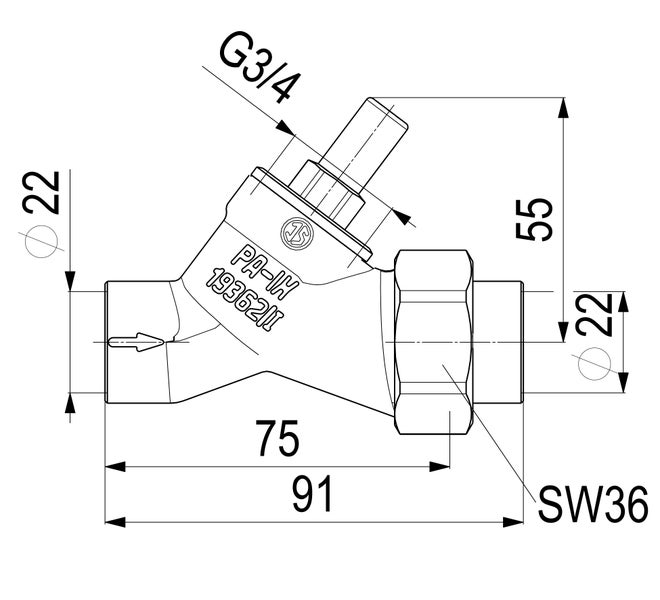 Maßzeichnung eines Ventils mit 22 Millimeter Durchmesser, 91 Millimeter Gesamtlänge, 55 Millimeter Höhe und einem G 3/4 Zoll Gewinde.