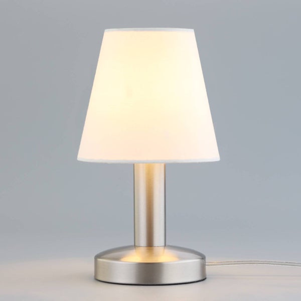 Lindby Tischlampe mit Touchfunktion, Tischleuchte Stoffschirm weiß Nachttischlampe Nickel satiniert 1x E14 max. 40W ohne Leuchtmittel Wohnzimmer Schlafzimmerlampe