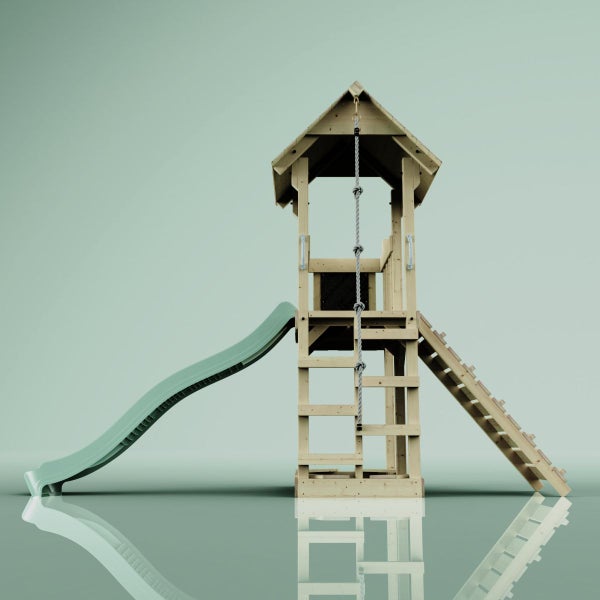 Spielturm aus Holz mit Rutsche, Strickleiter und Leiter