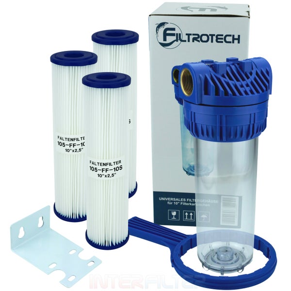 Filtrotech Universal Wasserfiltergehäuse für 10 Zoll Filterkartuschen inklusive Wandhalterung und Montageschlüssel