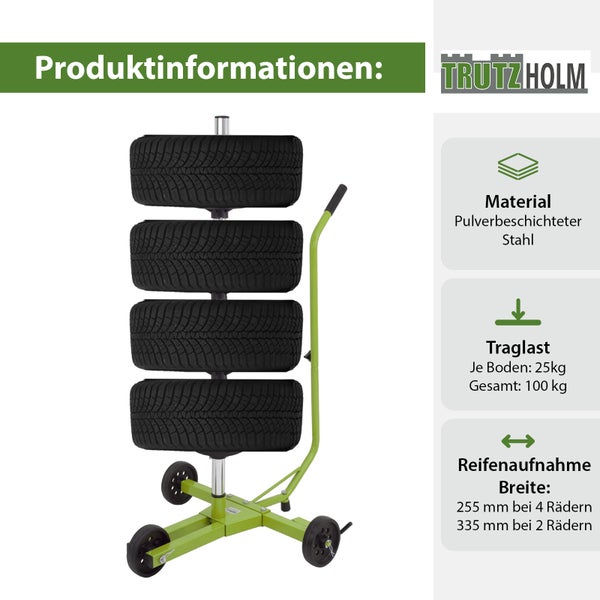 TrutzHolm Reifenständer mit vier Reifen und Produktinformationen