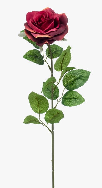 Künstliche Rose mit roter Blüte und grünem Stängel mit Blättern.
