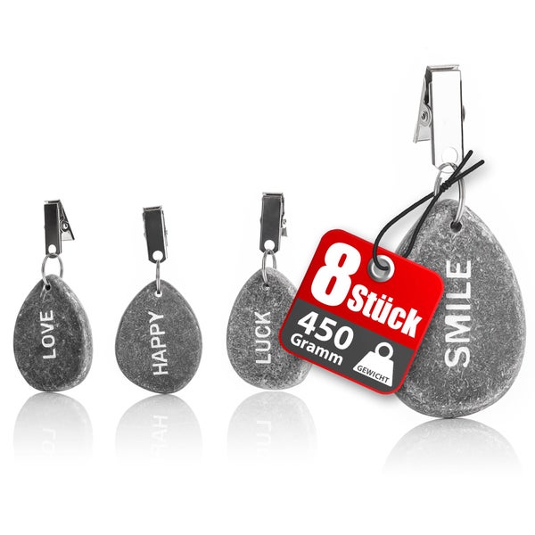 Set aus 8 Tischdeckenbeschwerern in Steinoptik mit Metallclip und eingravierten Schriftzügen.