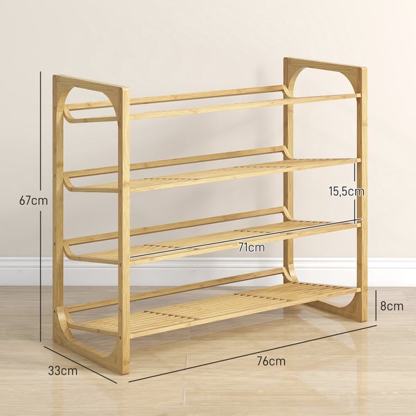 HOMCOM Schuhregal, Schuhständer mit 4 Ebenen aus Bambus, für max. 12 Paar Schuhe, Schuhablage mit Griff für Eingang, Schlafzimmer, 76 x 33 x 67 cm, Natur