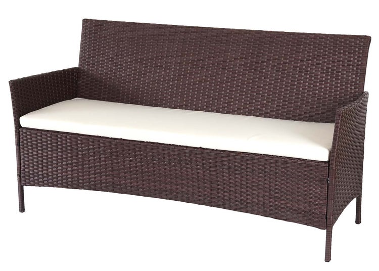 Dreisitzer Gartenbank aus Polyrattan Geflecht mit Sitzkissen.