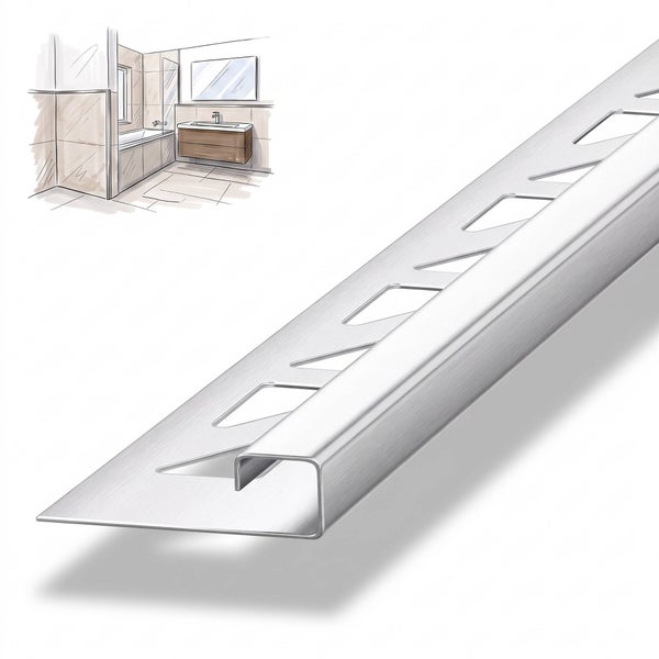 Fliesenschiene aus Metall fuer saubere Kantenabschluesse an Wand und Boden mit Skizze eines modernen Badezimmers als Anwendungsbeispiel.