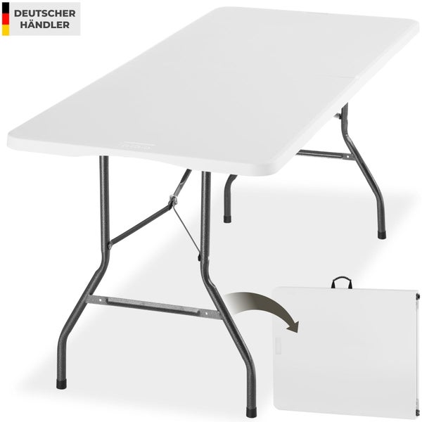 Weißer Klapptisch mit Kunststoffplatte und Metallgestell, zusammenklappbar mit Tragegriff, Siegel Deutscher Händler.