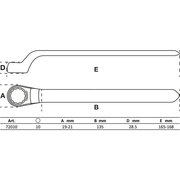 Technische Zeichnung eines Ringschlüssels mit Maßangaben