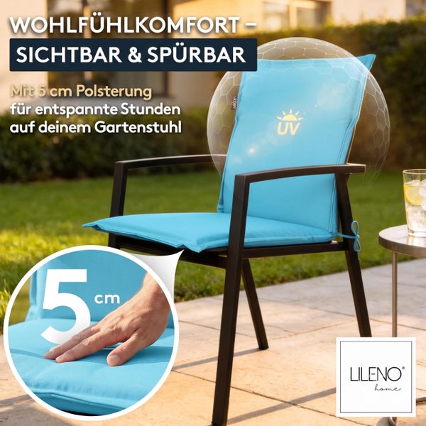 Lileno Home Gartenstuhl-Auflage in Blau, fünf Zentimeter dick, mit UV-Schutz, auf einem dunklen Gartenstuhl platziert.