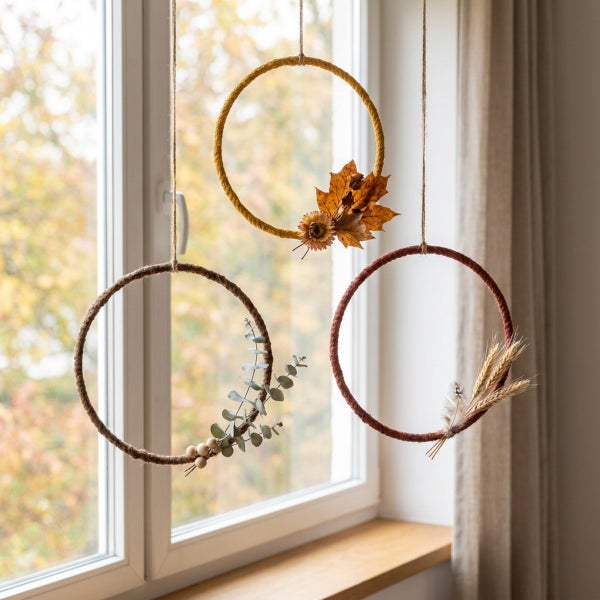 Drei hängende Herbstdeko Kränze mit Trockenblumen, Eukalyptus, Getreide und Blättern vor einem Fenster.