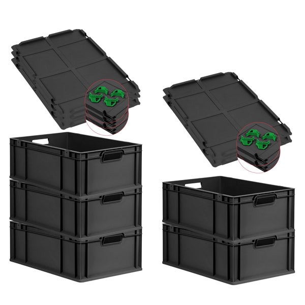 PROREGAL SparSet 5x Eurobox NextGen Grip mit Auflagedeckel inkl. 4 grünen Schiebeschnappverschlüssen, HxBxT 22x40x60cm, 44 Liter, Schwarz, Griffe offen, Verstärkter Boden, Eurobehälter, Transportbox, Transportbehälter, Stapelbehälter
