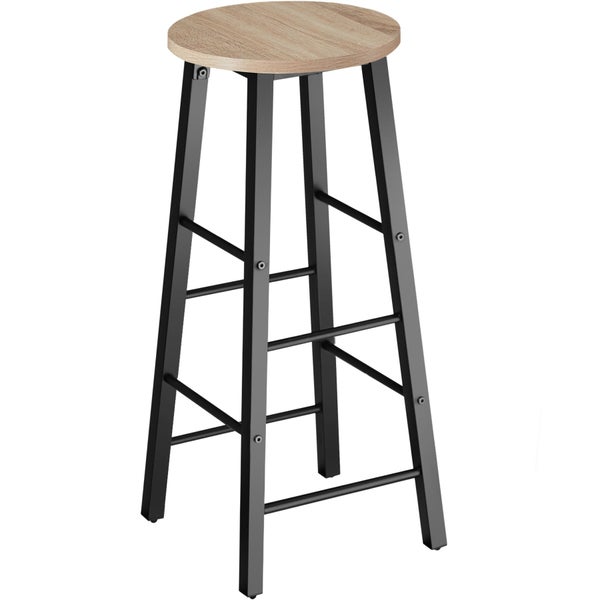 Barhocker mit runder Sitzfläche in Holzoptik und schwarzem Metallgestell mit Fußstützen.