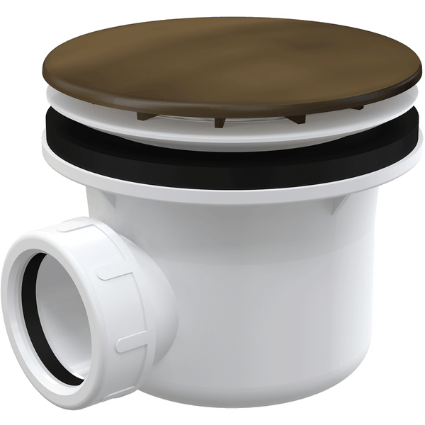 Duschablaufgarnitur aus Kunststoff mit runder bronzefarbener Abdeckung und schwarzen Dichtungen.