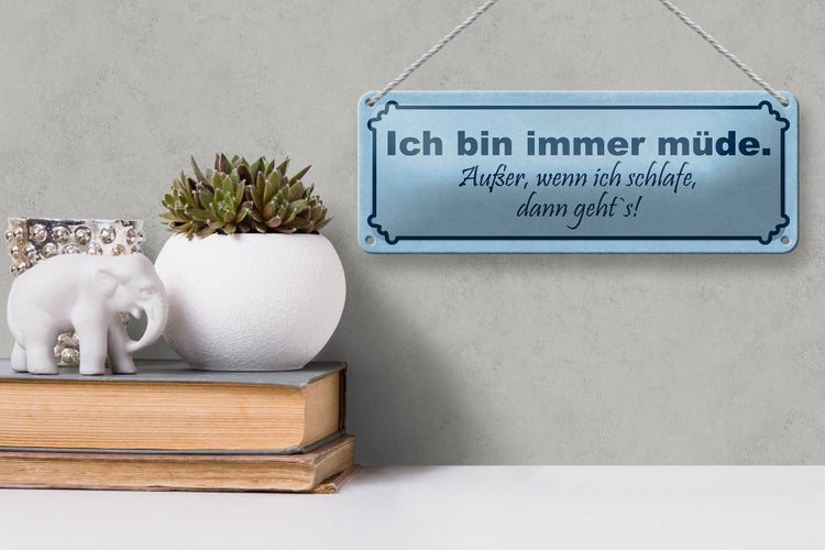 Blechschild Spruch 27x10cm immer müde außer wenn schlafe Dekoration