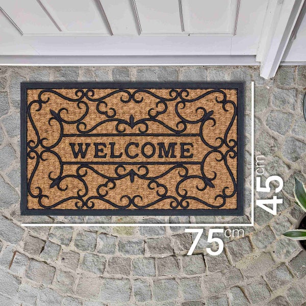 Fußmatte mit dem Schriftzug Willkommen und den Maßen 75 mal 45 Zentimeter