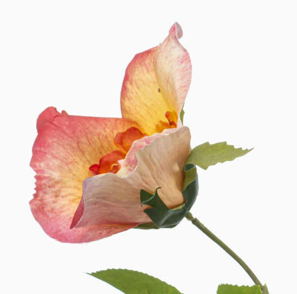 Künstliche Blüte in Pfirsichfarben mit grünem Stängel und Blättern.