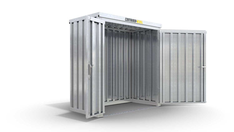 Lagercontainer Gerätehaus XS  – 2 qm, H2115 x B2100 x T1140 mm, verzinkt, ohne Fußboden, 1830 mm Doppelflügeltür mittig in Breitseite, zerlegt