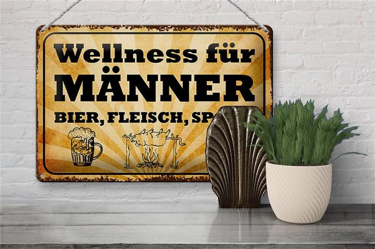 Blechschild Spruch 30x20cm Wellness Männer Bier Fleisch