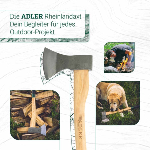 Adler Rheinlandaxt mit Holzstiel, geeignet für Outdoor und Brennholz, dargestellt mit Anwendungsbeispielen in Wald und bei Lagerfeuer.